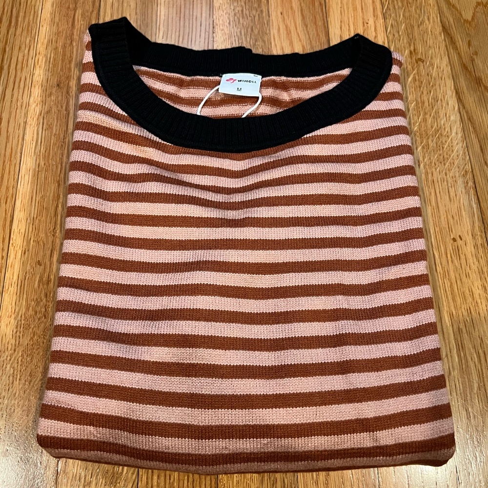 Striped Crewneck Sweater in Rust and Pink with Dark Brown Trim